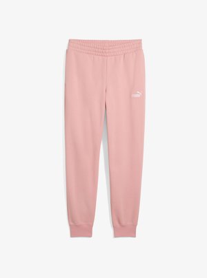 Roosa sportpant, elastse vöökoha, kitsenevad sääred ja valge PUMA logo vasakul puusal. Sile kangastekstuuri.