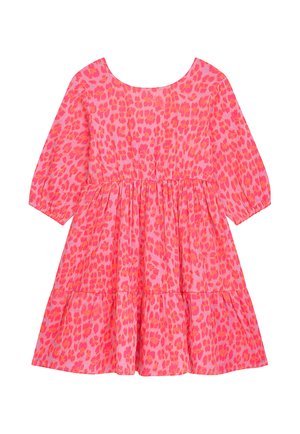Rosa Kleid mit kurzen Puffärmeln, rundem Ausschnitt und mehrlagigem Rock. Mit einem Leopardenmuster in Rosa- und Orangetönen.