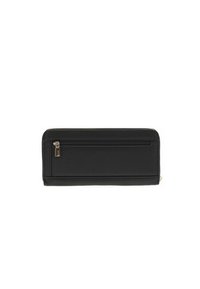 Black rectangular wallet with visible front zipper pocket and textured surface, set against a white background.