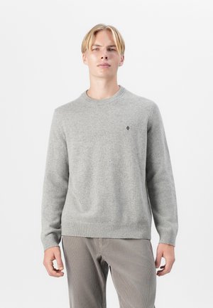 Gray knit sweater with a crew neckline, ribbed cuffs and hem, featuring a small black logo on the left chest, made from soft material.