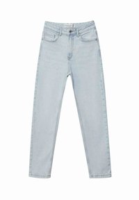 Jeans de mezclilla de cintura alta en azul claro, con un diseño clásico de cinco bolsillos y cierre de cremallera con botón.