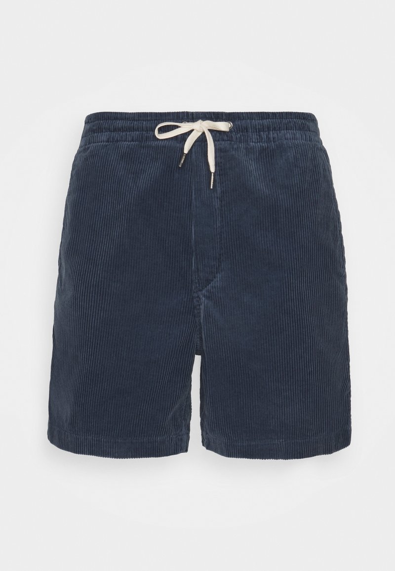 Short en velours côtelé bleu marine avec une ceinture élastique et un cordon blanc à l'avant.