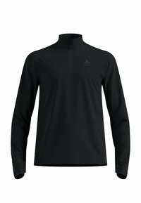 Maglietta nera a maniche lunghe con colletto alto, caratterizzata da una zip parziale, tessuto testurizzato e logo discreto sul petto.