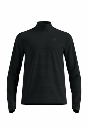 Zwarte longsleeve top met hoge kraag, voorzien van een kwart rits, textuurstof en een subtiele logo op de borst.