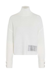 Weißer gerippter Strickpullover mit hohem Kragen, ausgestattet mit einem Patch mit Logodetail und dekorativen Knöpfen an den Ärmeln.