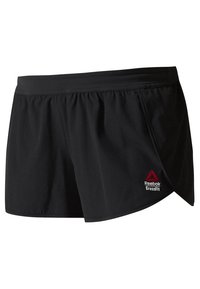 Svarta shorts med elastisk midja och lagerdesign. Har Reebok CrossFit-logotypen i rött på vänster sida. Lättviktsmaterial.