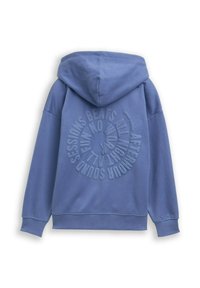 Hoodie aus weichem blauen Stoff mit einem erhöhten, kreisförmigen Grafiktextdesign auf dem Rücken. Lange Ärmel und gerippte Bündchen.