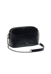 Czarna torebka crossbody z syntetycznej skóry z srebrnym łańcuchem, okrągły design, zamek błyskawiczny i subtelna faktura.