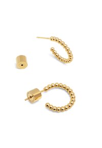 Pendientes de aro de oro con un diseño de cuentas, con un respaldo cilíndrico y un vástago recto; acabado brillante y textura suave.