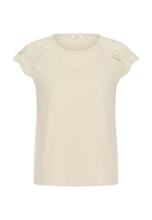 Blouse à manches courtes de couleur crème avec un col rond et des détails en dentelle sur les épaules et le haut des manches.
