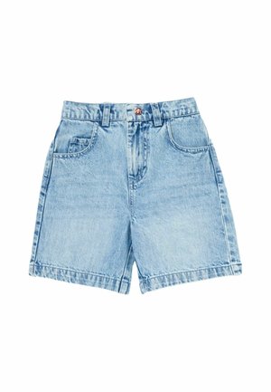 Light blue denim shorts with front pockets, belt loops, and a button closure, displayed on a white background.