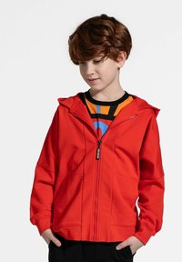 Czerwona bluza na zamek z kapturem, dwiema przednimi kieszeniami i ściągaczami na rękawach. Pod spodem częściowo widoczna jest wielokolorowa koszulka w paski.