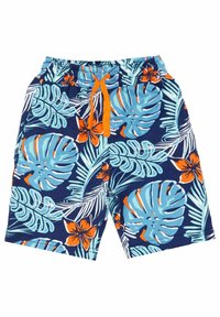 Blaue Badeshorts mit einem tropischen Blatt- und Blütenmuster, elastischem Bund mit orangefarbigem Kordelzug, leichtem Gewebe und knielanger Länge.