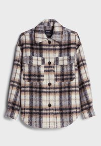 Flanelová košile v béžové, černé a hnědé kárované vzoru, s dvěma náprsními kapsami, zapínáním na knoflíky a límcem. Měkká, strukturovaná látka.