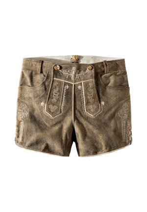 Braune Wildleder traditionelle bayerische Lederhosen-Shorts mit Blumenstickerei, Knopfdetails und seitlicher Schnürung auf weißem Hintergrund.