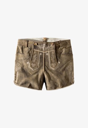 Braune Wildleder traditionelle bayerische Lederhosen-Shorts mit Blumenstickerei, Knopfdetails und seitlicher Schnürung auf weißem Hintergrund.