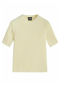 Light yellow, short-sleeve ribbed t-shirt with a round neckline and a straight cut. Texture appears soft and slightly elastic.