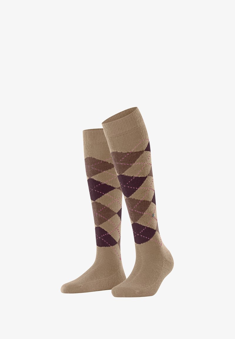 Calze al ginocchio di colore beige con un motivo a diamante nei toni del marrone e del rosa. La calza destra è leggermente in avanti.