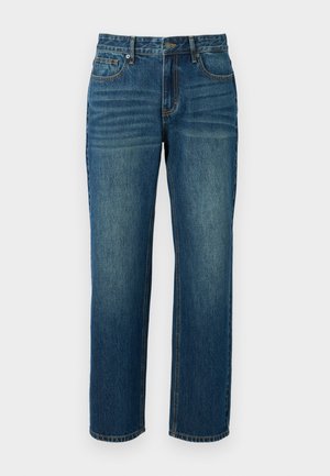 Jeans de denim en azul oscuro con corte recto, que cuentan con cinco bolsillos, trabillas para el cinturón y un ligero desgastado en los muslos.