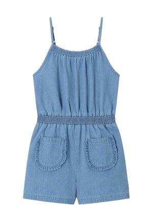 Lichtblauwe mouwloze romper met verstelbare bandjes, elastische tailleband en twee voorzakken met ruches.