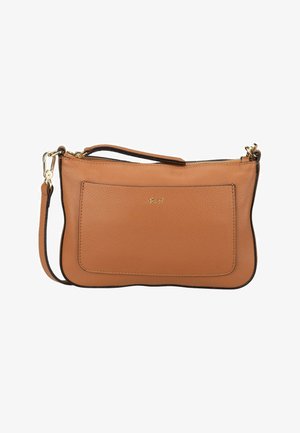 Hellbraune Lederhandtasche mit strukturierter Oberfläche, Reißverschluss und einer Fronttasche. Verfügt über einen abnehmbaren Schulterriemen und goldene Akzente.