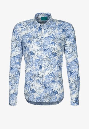 Bloemige blouse met lange mouwen in wit en blauw, met een button-down kraag, ingewikkelde bladeren- en bloempatronen, en een gebogen zoom.