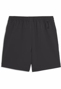 Zwarte sportshorts met een elastische tailleband, een gladde structuur en zonder zichtbare patronen of zakken. Voorzien van een subtiele merklabel aan de zijkant.