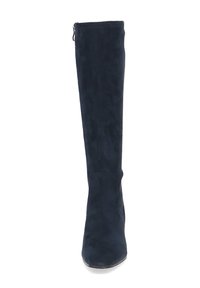 Botte en suede bleu marine, au-dessus du genou, avec un design épuré et un bout rond, dotée d'une fermeture éclair sur le côté pour un enfilage facile.