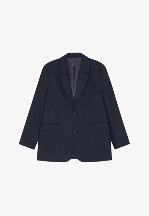 Tumši zils bleizers no teksturētas auduma, ar vienvirziena aizdari, izgriezuma atloki, divām priekšējām kabatām un vienu krūšu kabatu.