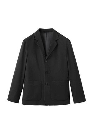 Blazer nero in tessuto liscio, con revers a punta, chiusura con un solo bottone e due tasche frontali.
