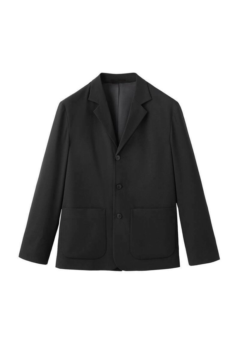Blazer nero in tessuto liscio, con revers a punta, chiusura con un solo bottone e due tasche frontali.