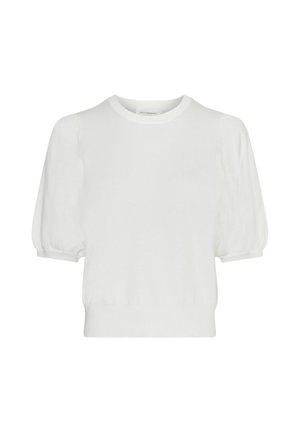 Pull blanc à manches courtes avec manches bouffantes et poignets et ourlet côtelés, avec un col rond.