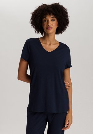 Navy blue V-neck t-shirt made of soft fabric, short sleeves, relaxed fit, plain design with no visible patterns or accents.