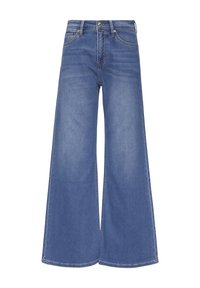Lichtblauwe denim jeans met brede pijpen, voorzien van een hoge taille, standaard vijf-pocket ontwerp en contrasterende stiksels langs de naden.