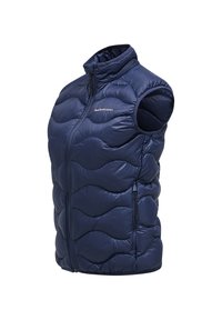 Tamno plavi bezrukavni puffa prsluk s uzorkom valova, prednjim zatvaračem, visokim ovratnikom i detaljima bočnih džepova. Satinasto-glatka površina.