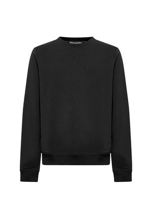 Felpa nera a maniche lunghe con collo rotondo, con polsini e orlo a costine, design semplice, esposta su uno sfondo bianco.