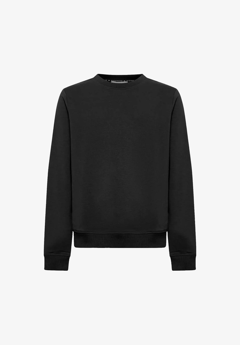 Felpa nera a maniche lunghe con collo rotondo, con polsini e orlo a costine, design semplice, esposta su uno sfondo bianco.