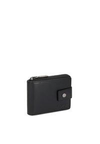 Compact zwart leren portemonnee met een ritssluiting aan de bovenzijde en een drukknopsluiting, met het logo van het merk in reliëf op de voorkant.
