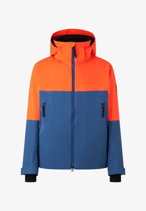 Wodoodporna kurtka z pomarańczową górną częścią i niebieską dolną częścią. Zawiera kaptur i dwie kieszenie na zamek. Gładka faktura.