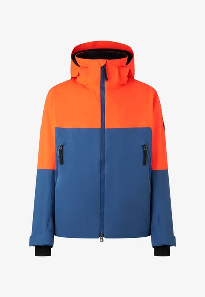 Wasserabweisende Jacke mit einem orangefarbenen Oberteil und einem blauen Unterteil. Enthält eine Kapuze und zwei mit Reißverschluss gesicherte Taschen. Glatte Textur.