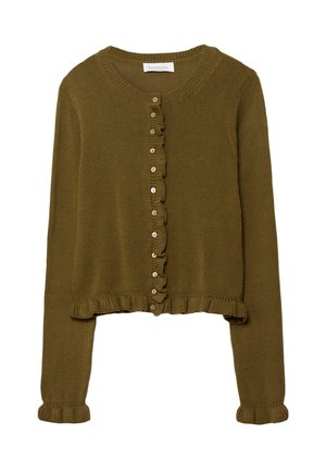 Olivgrön stickad cardigan med rund halsringning, prydd med en volangknapplist och ribbstickade ärmslut och fåll.