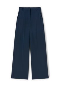 Pantaloni a gamba larga blu navy realizzati in tessuto liscio, caratterizzati da due tasche laterali e una vita cucita per un dettaglio in più.