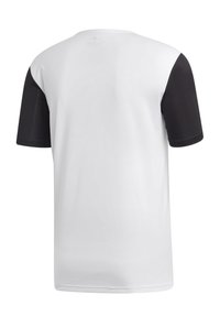 Koszula z krótkim rękawem z białym przodem i czarnym materiałem na rękawach. Gładka tekstura, okrągły dekolt i minimalistyczny design.