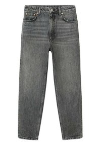 Vaqueros de mezclilla gris con una cintura alta, diseño de pierna recta, un desvanecimiento sutil, detalles de costura naranja y un estilo clásico de cinco bolsillos.