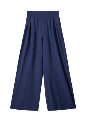 Navy wide-leg trousers made from textured fabric. Features a smocked waistband and pleats for added volume.