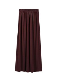 Jupe maxi bordeaux avec taille smockée. Fabriquée en tissu doux, elle présente un design fluide et une texture lisse.