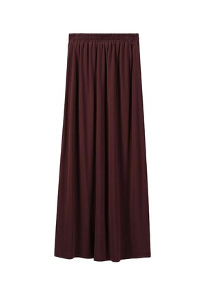 Burgundy maxi skirt with a smocked waistband. Made of soft fabric, it features a flowing design and a smooth texture.