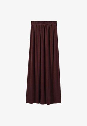 Burgundy maxi skirt with a smocked waistband. Made of soft fabric, it features a flowing design and a smooth texture.