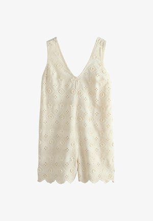 Heledad kerge beež rõivaese, millel on V-avaga kaelus, broderitooted teemantmotiividega ja lõplikud äärised. Kerge ja hingav kangas.