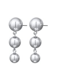 Boucles d'oreilles pendantes en argent comprenant trois sphères polies de tailles variées, reliées par de petites boucles en métal et maintenues par un système à tige.